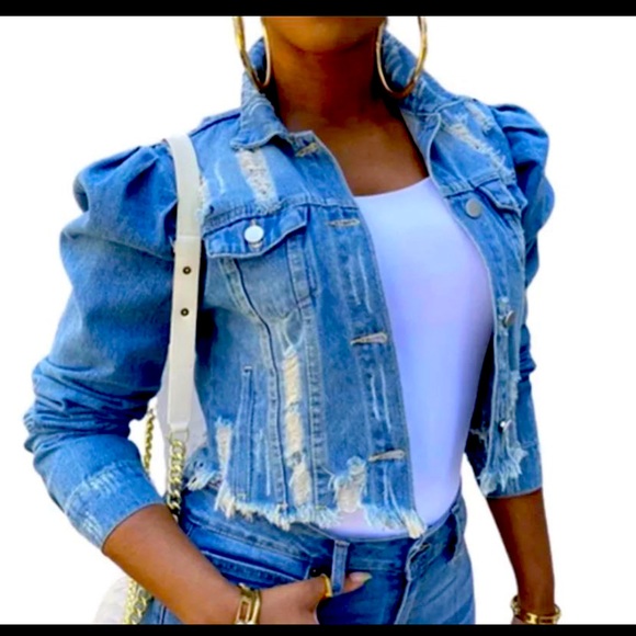 puff sleeve denim jacket plus size